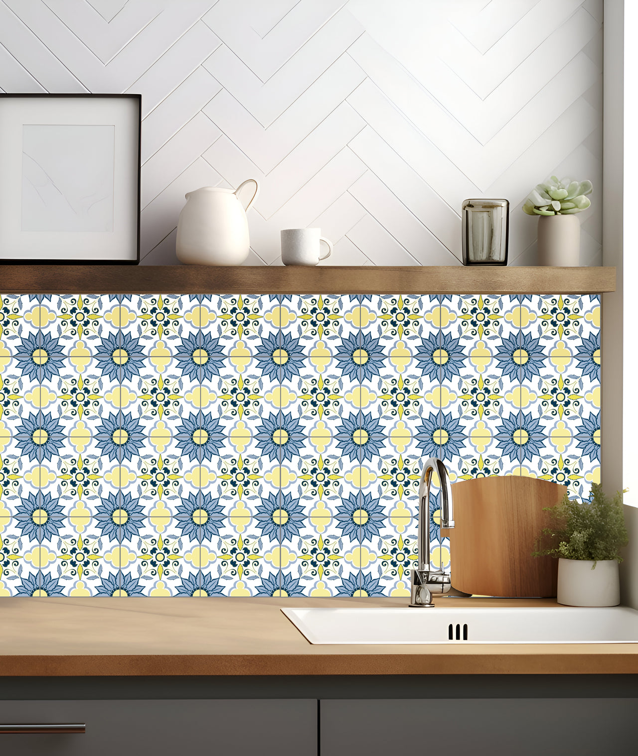 Blue and Yellow Floral Tile Removable Vinyl Decals