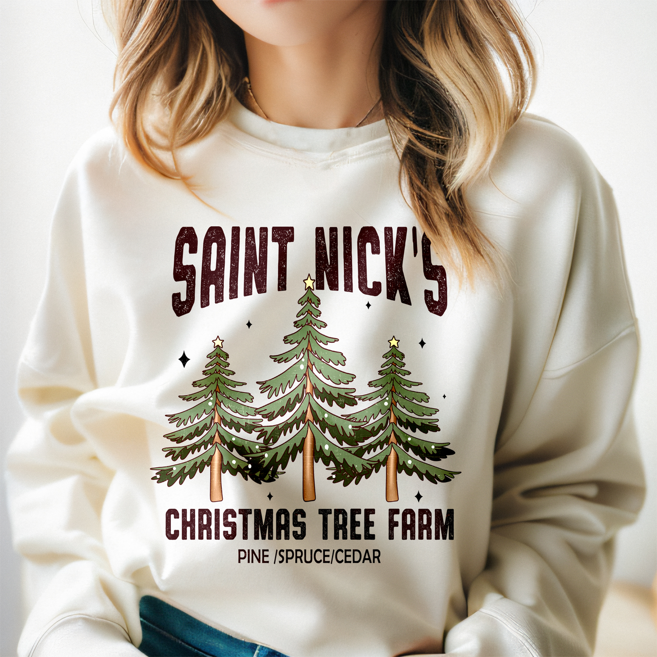 Saint Nick's Christmas Tree Farm Trendy Christmas Crewneck Sweatshirt